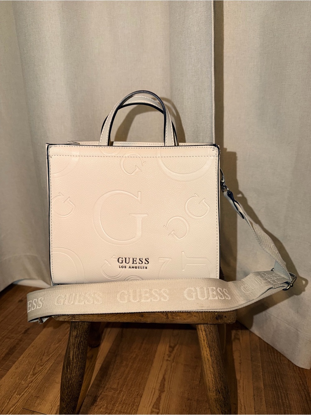 GUESS Cream Embossed Logo Top-Handle Crossbody Bag with Branded Strap